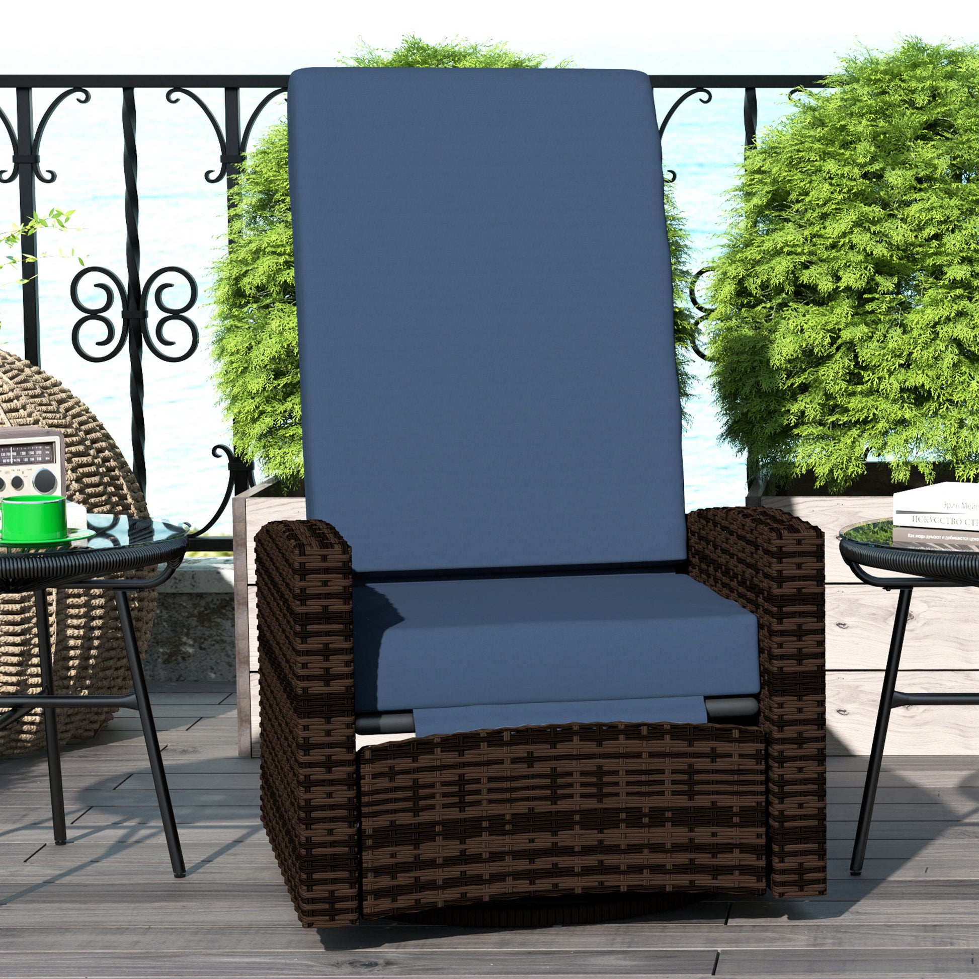 Blue Rattan Outdoor Swivel Recliner - Patio Furniture