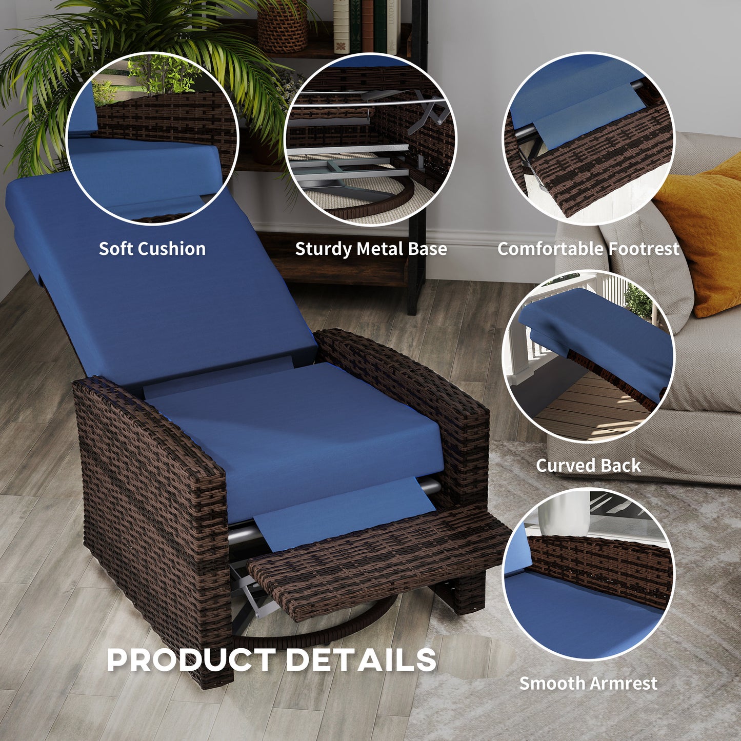 Blue Rattan Outdoor Swivel Recliner - Patio Furniture
