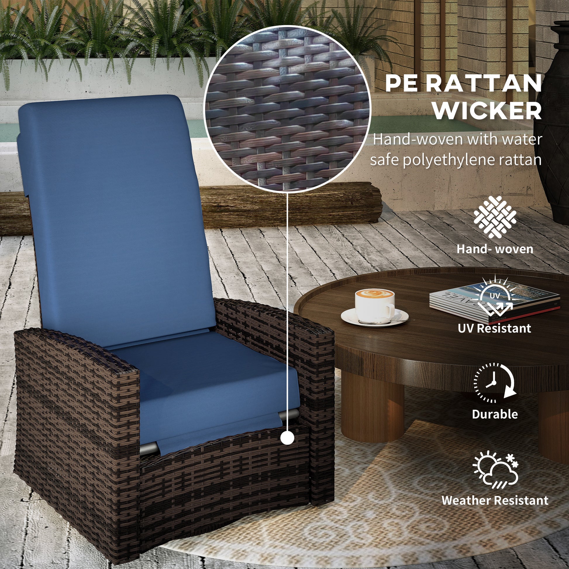 Blue Rattan Outdoor Swivel Recliner - Patio Furniture