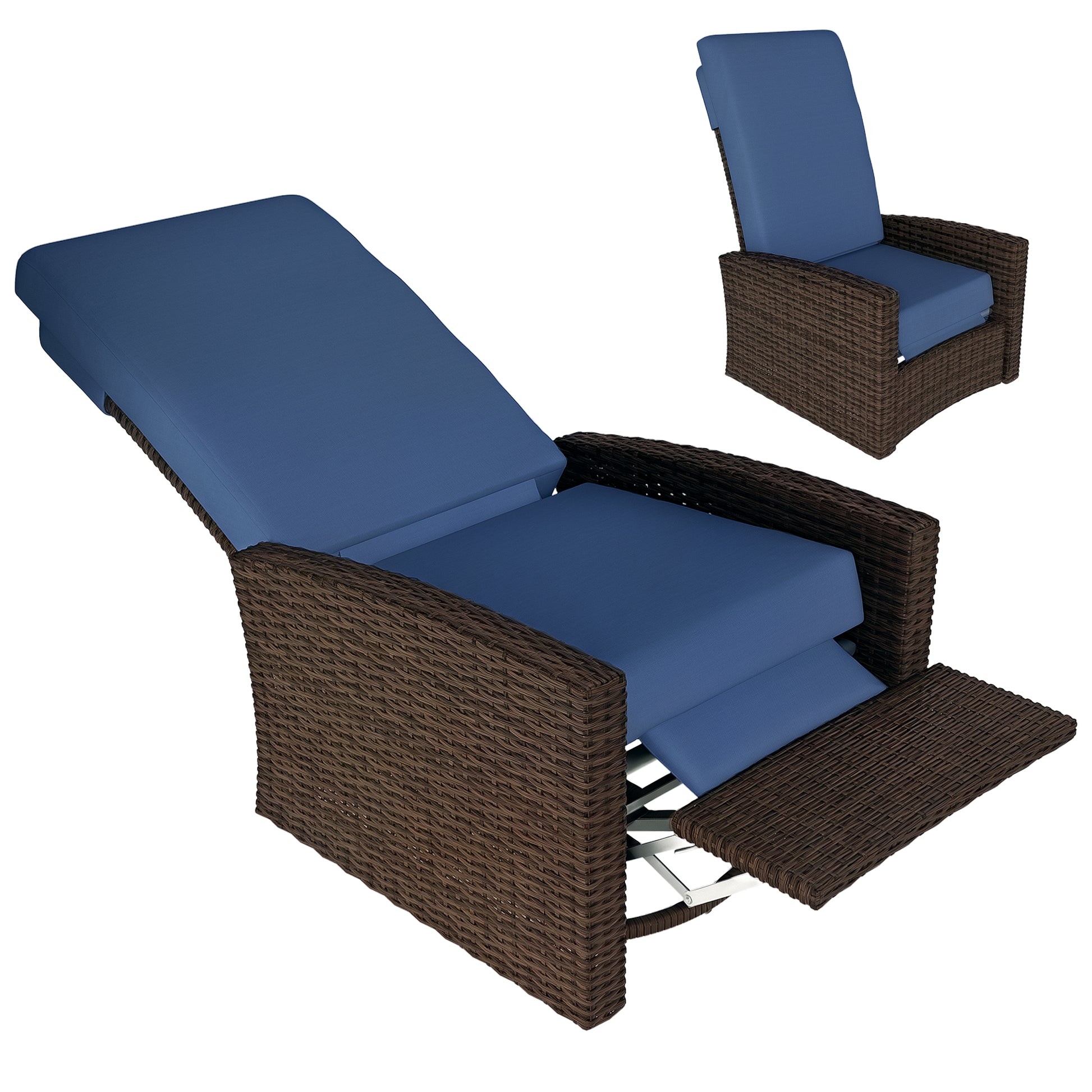 Outsunny Reclining Rattan 360° Swivel Chair Cushioned Recliner, Dark Blue