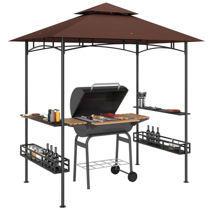 Outsunny 8' x 5' Grill Gazebo, 2-Tier Outdoor BBQ Gazebo with 2 Side Shelves, Storage Baskets and Ceiling Hook, Dark Brown
