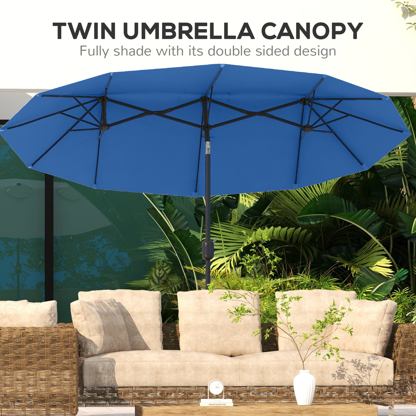 Blue Double Patio Umbrella for Poolside & Garden Shade with Tilt