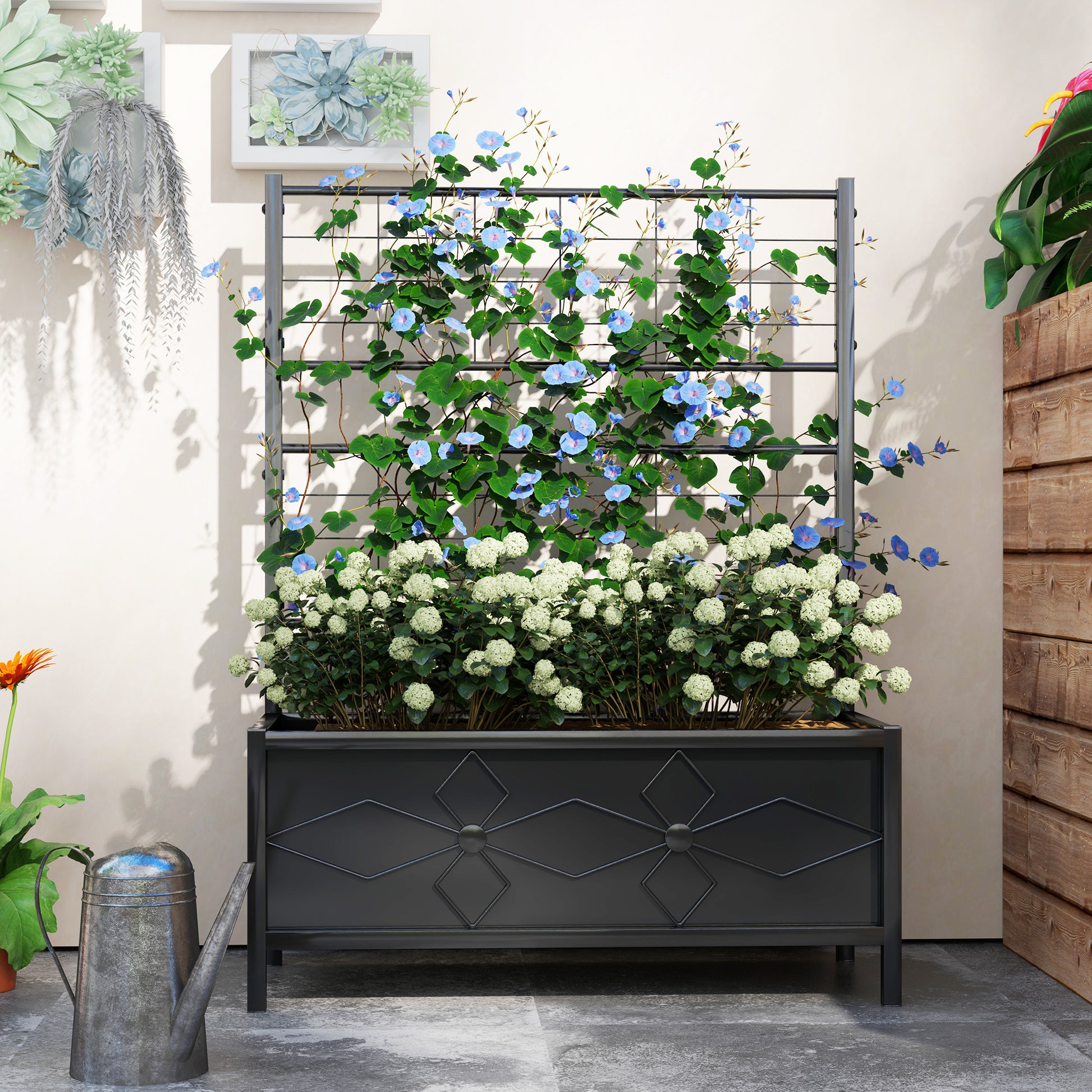Black Steel Raised Garden Bed with Trellis - Outdoor Planter Box