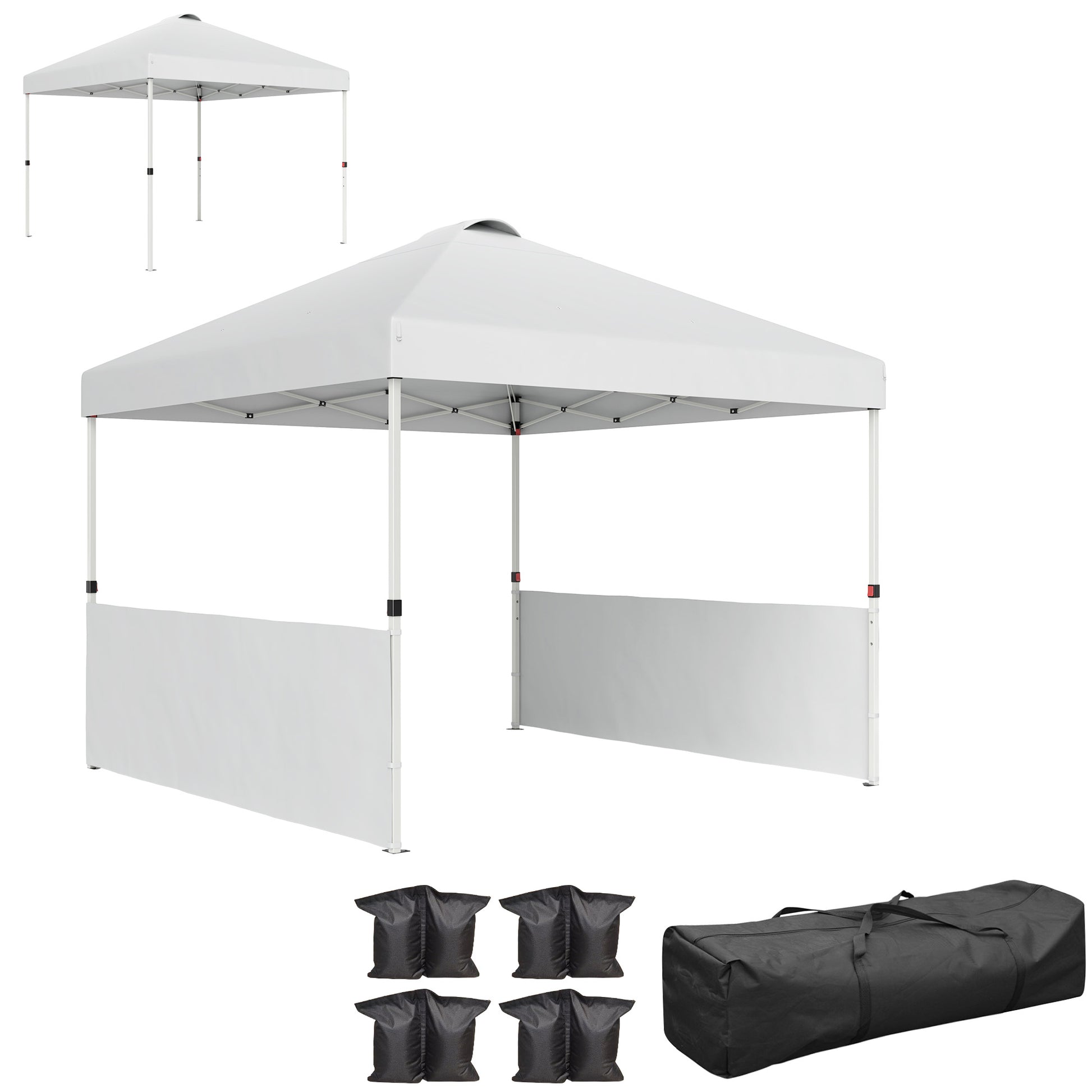 Outsunny 10' x 10' Pop Up Canopy Tent with 2 Half Sidewalls, UV50+ Height Adjustable Instant Sun Shelter with Wheeled Carry Bag, White