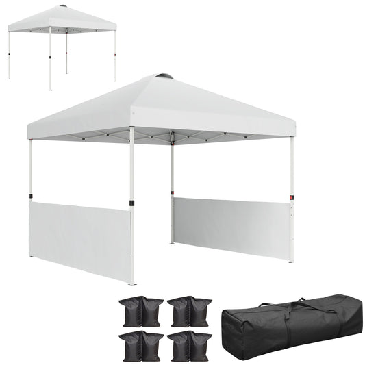 Outsunny 10' x 10' Pop Up Canopy Tent with 2 Half Sidewalls, UV50+ Height Adjustable Instant Sun Shelter with Wheeled Carry Bag, White