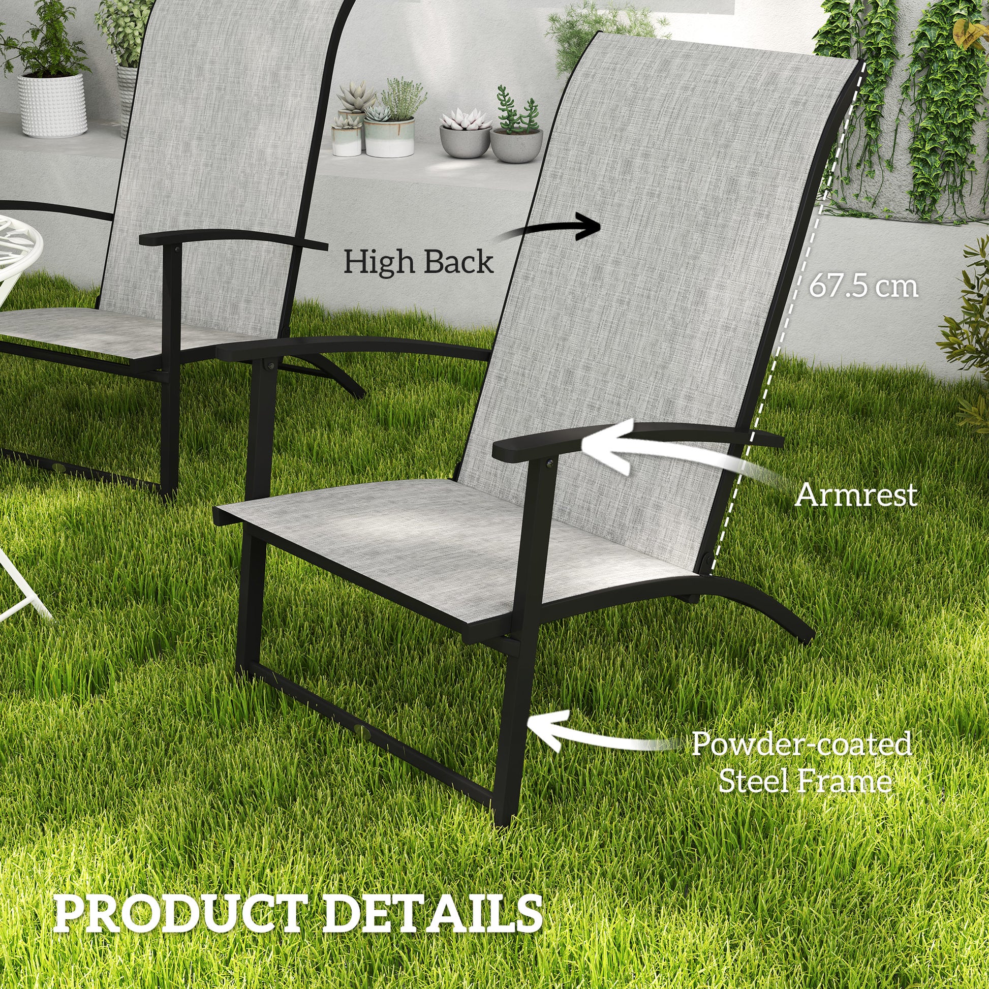 Grey Metal Folding Patio Chairs Set of 2