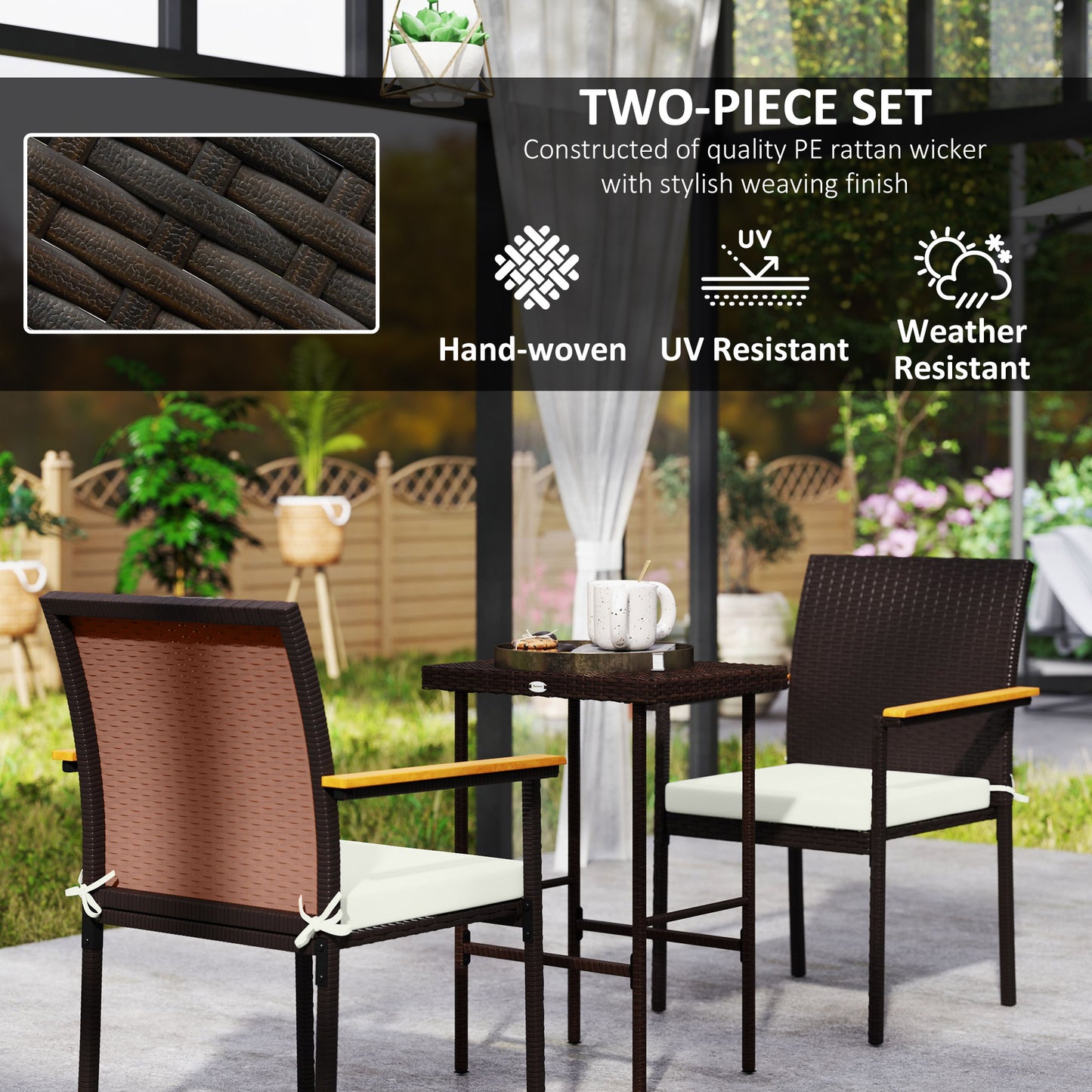 White Wood Patio Dining Chairs Set of 2 - Rattan Wicker Outdoor Seating