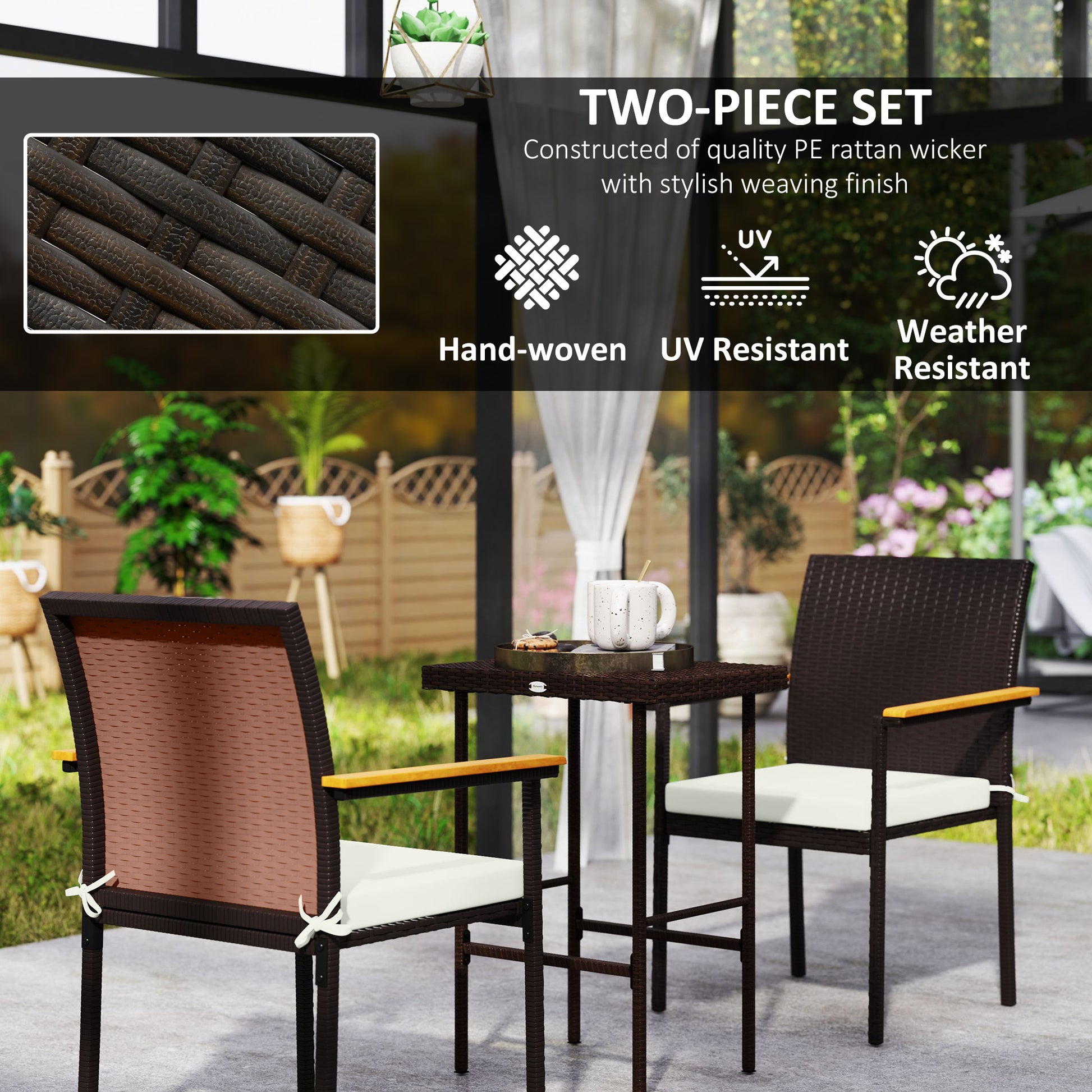 White Wood Patio Dining Chairs Set of 2 - Rattan Wicker Outdoor Seating