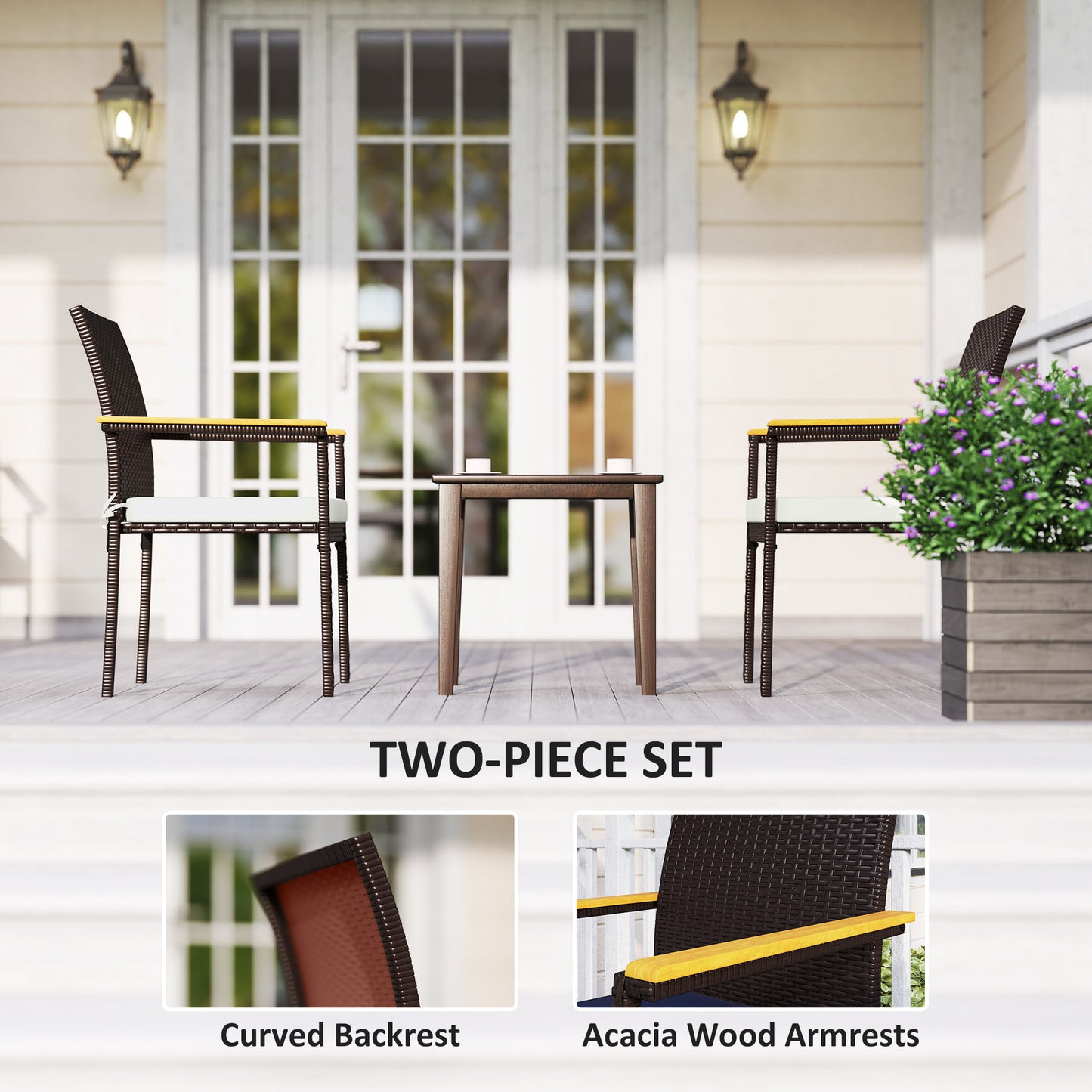 White Wood Patio Dining Chairs Set of 2 - Rattan Wicker Outdoor Seating