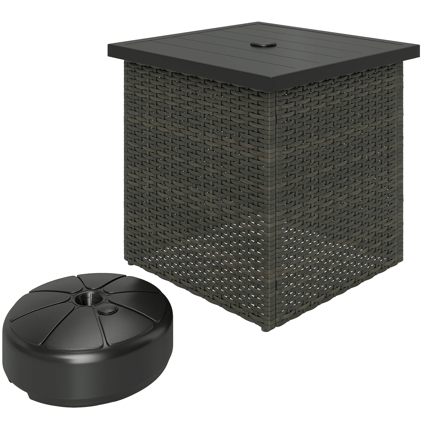 Outsunny All Weather Wicker Side Table with 1.5" Umbrella Hole, Square Outdoor End Table with UV-Resistant Frame, Storage Space for Patio, Mixed-Brown
