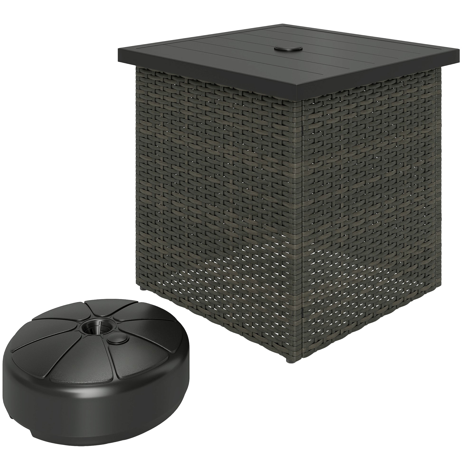 Outsunny All Weather Wicker Side Table with 1.5" Umbrella Hole, Square Outdoor End Table with UV-Resistant Frame, Storage Space for Patio, Mixed-Brown