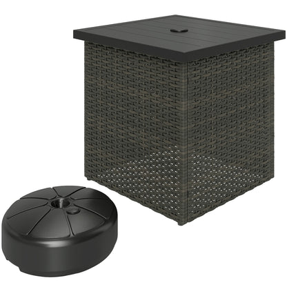 Outsunny All Weather Wicker Side Table with 1.5" Umbrella Hole, Square Outdoor End Table with UV-Resistant Frame, Storage Space for Patio, Mixed-Brown