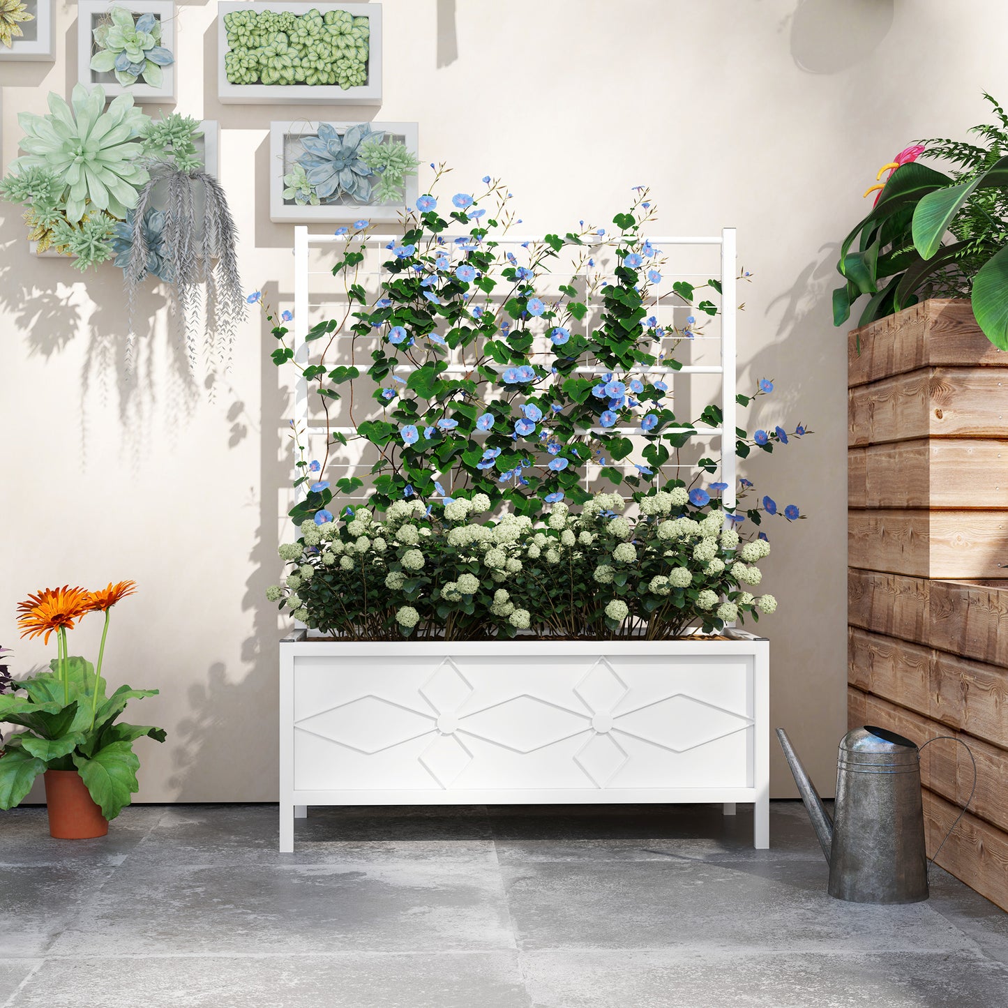 White Steel Raised Garden Bed with Trellis - 35.4"L