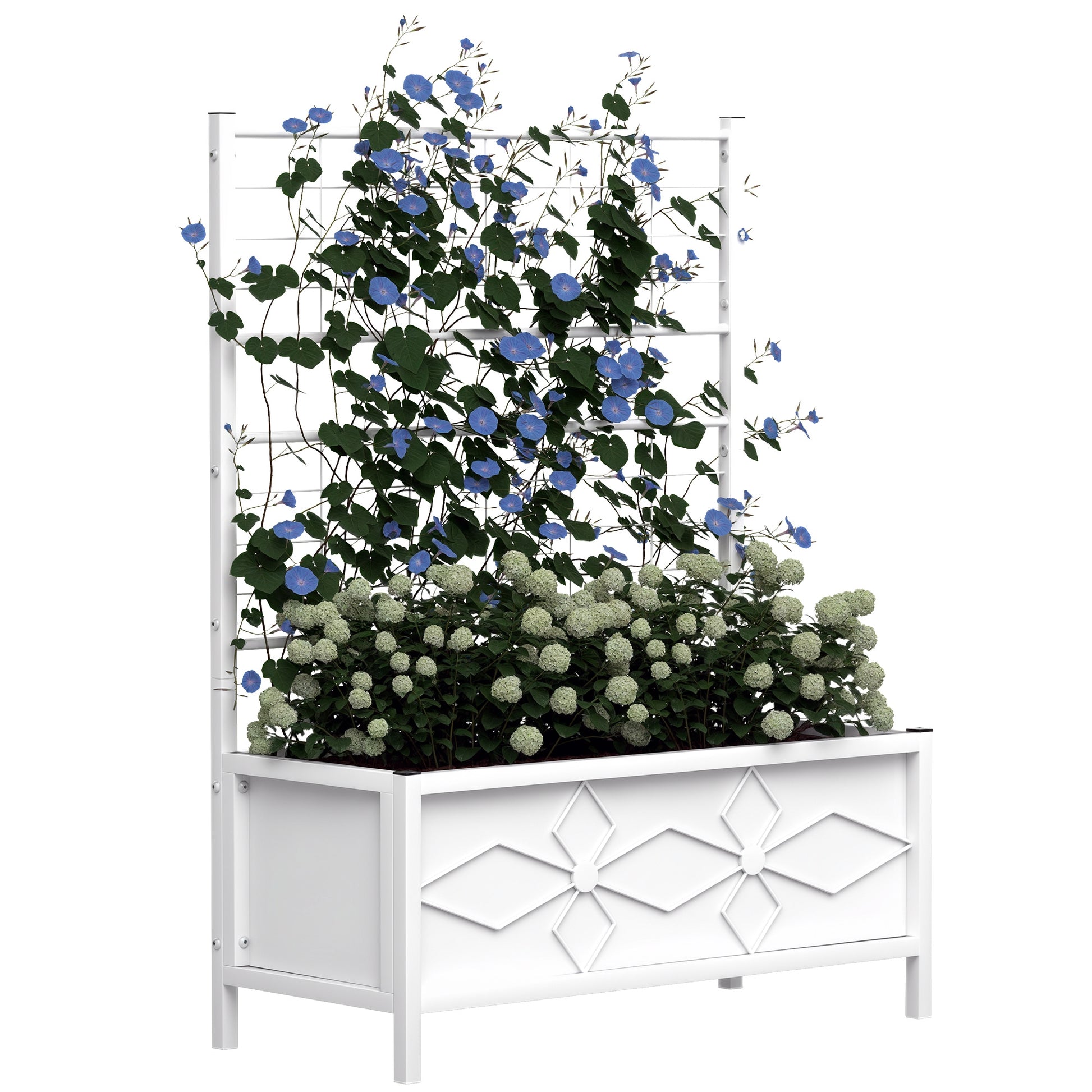 Outsunny Galvanized Raised Garden Bed with Trellis for Climbing Vines Vegetables Flowers, Outdoor Planter Box, 35.4" x 15.7" x 47.2", White