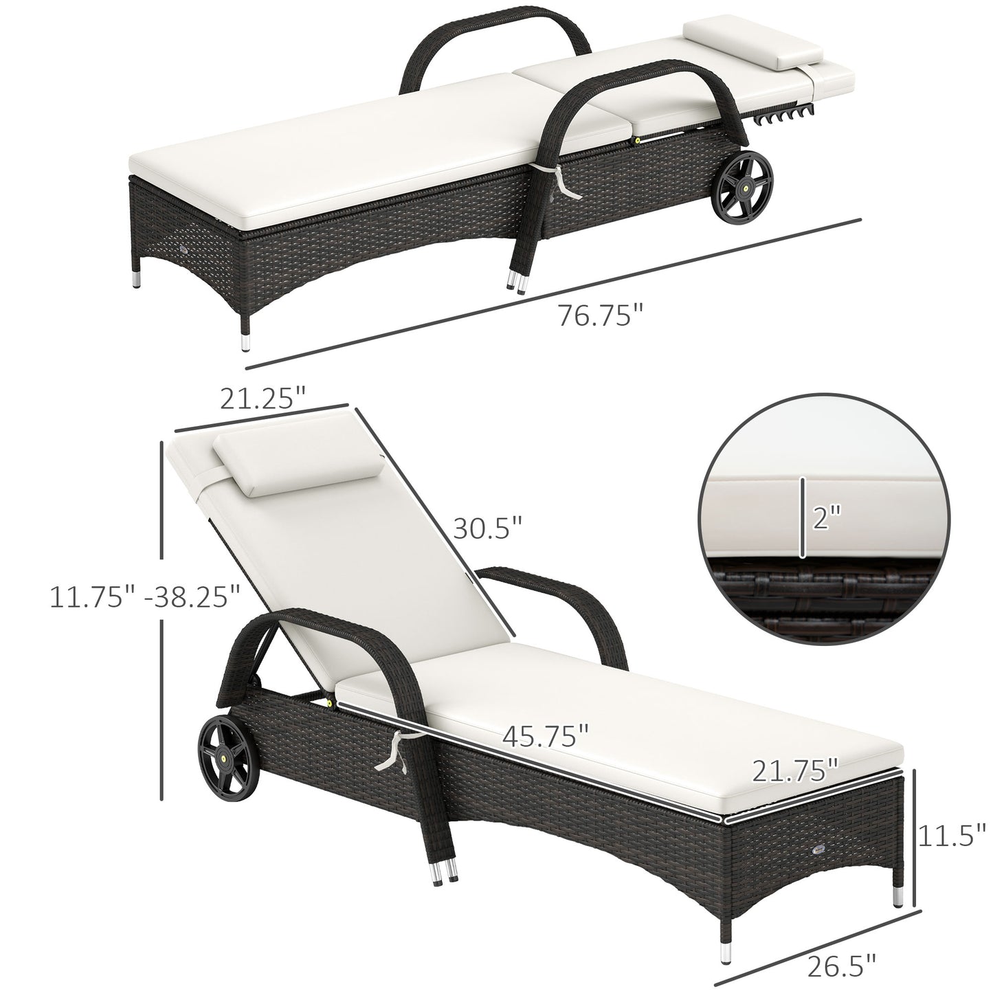 Coffee Rattan Patio Chaise Lounge Chair with Wheels