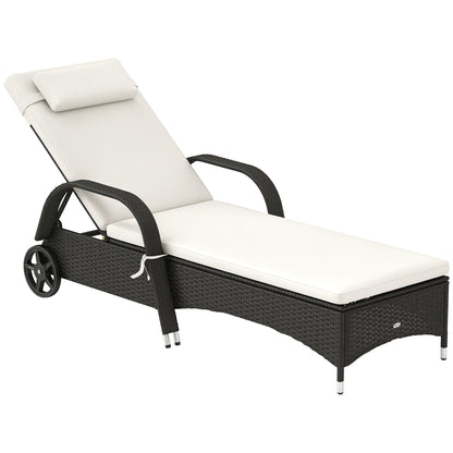 Outsunny Patio Wicker Chaise Lounge, PE Rattan Outdoor Lounge Chair with Cushion, Height Adjustable Backrest & Wheels, Deep Coffee and Cream White