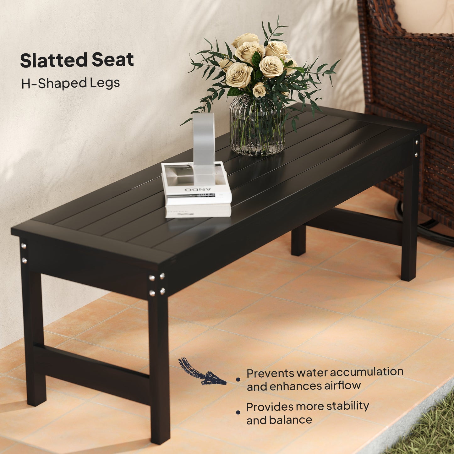 Black HDPE 2-Person Patio Bench - Outdoor Loveseat