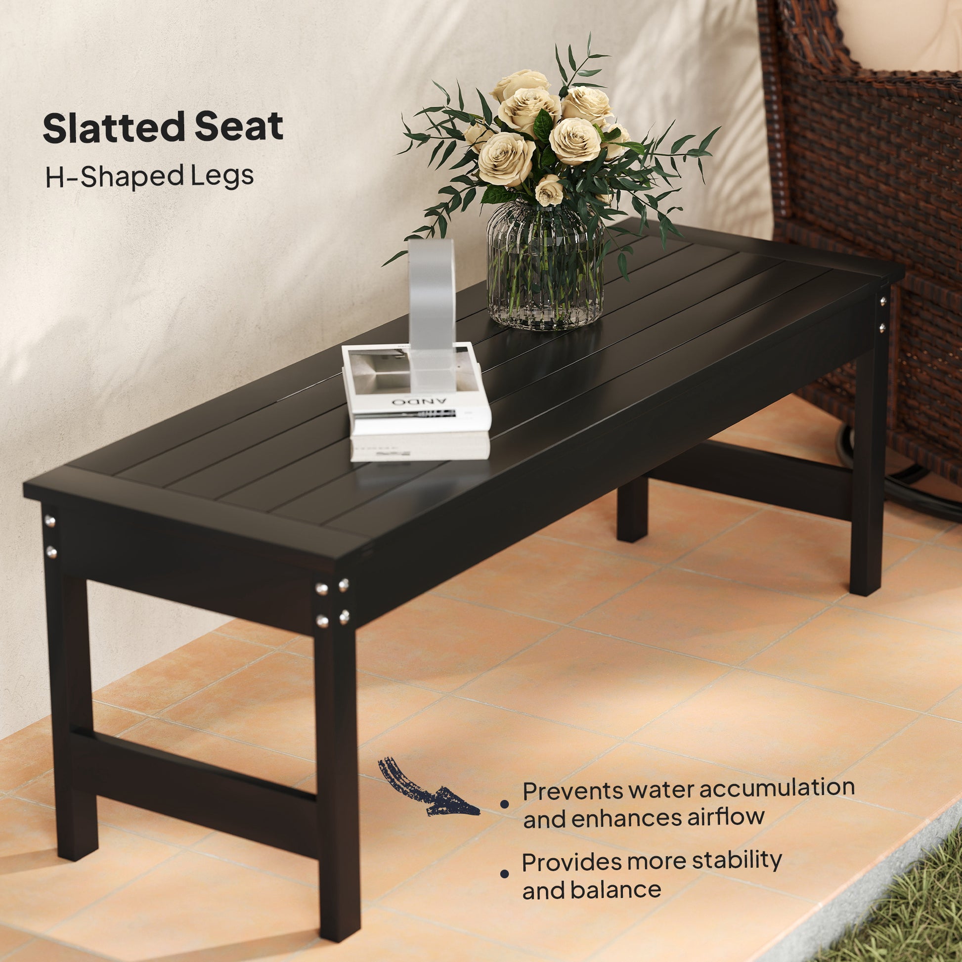 Black HDPE 2-Person Patio Bench - Outdoor Loveseat