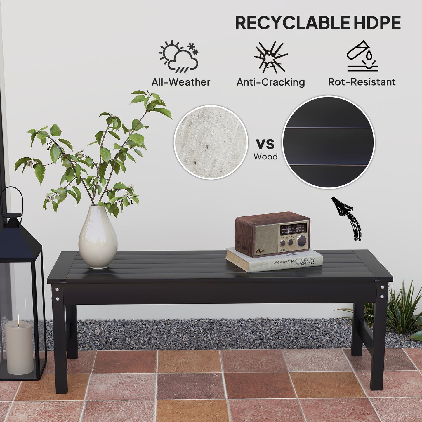Black HDPE 2-Person Patio Bench - Outdoor Loveseat