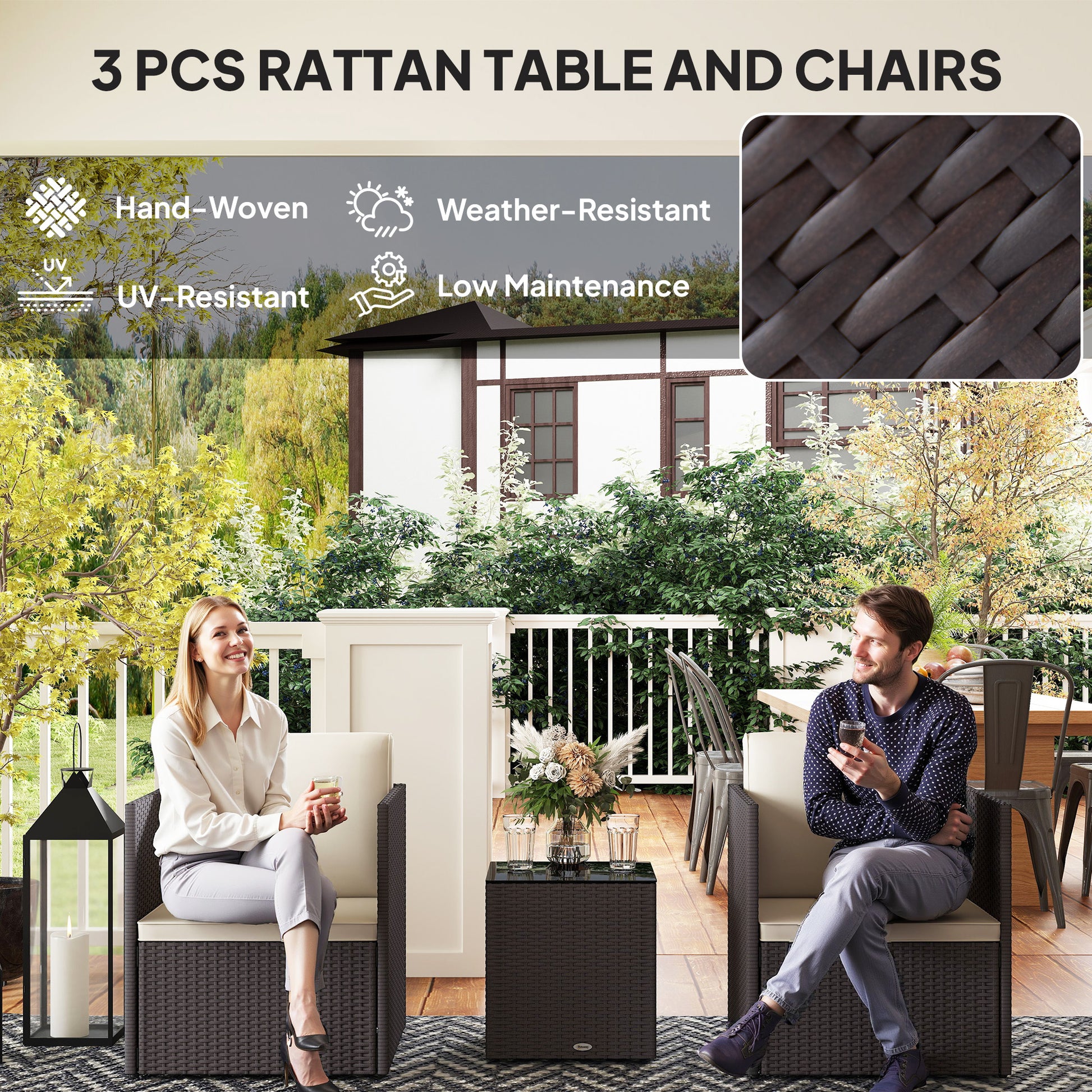 Folding Rattan Bistro Set - 3 Piece Patio Furniture