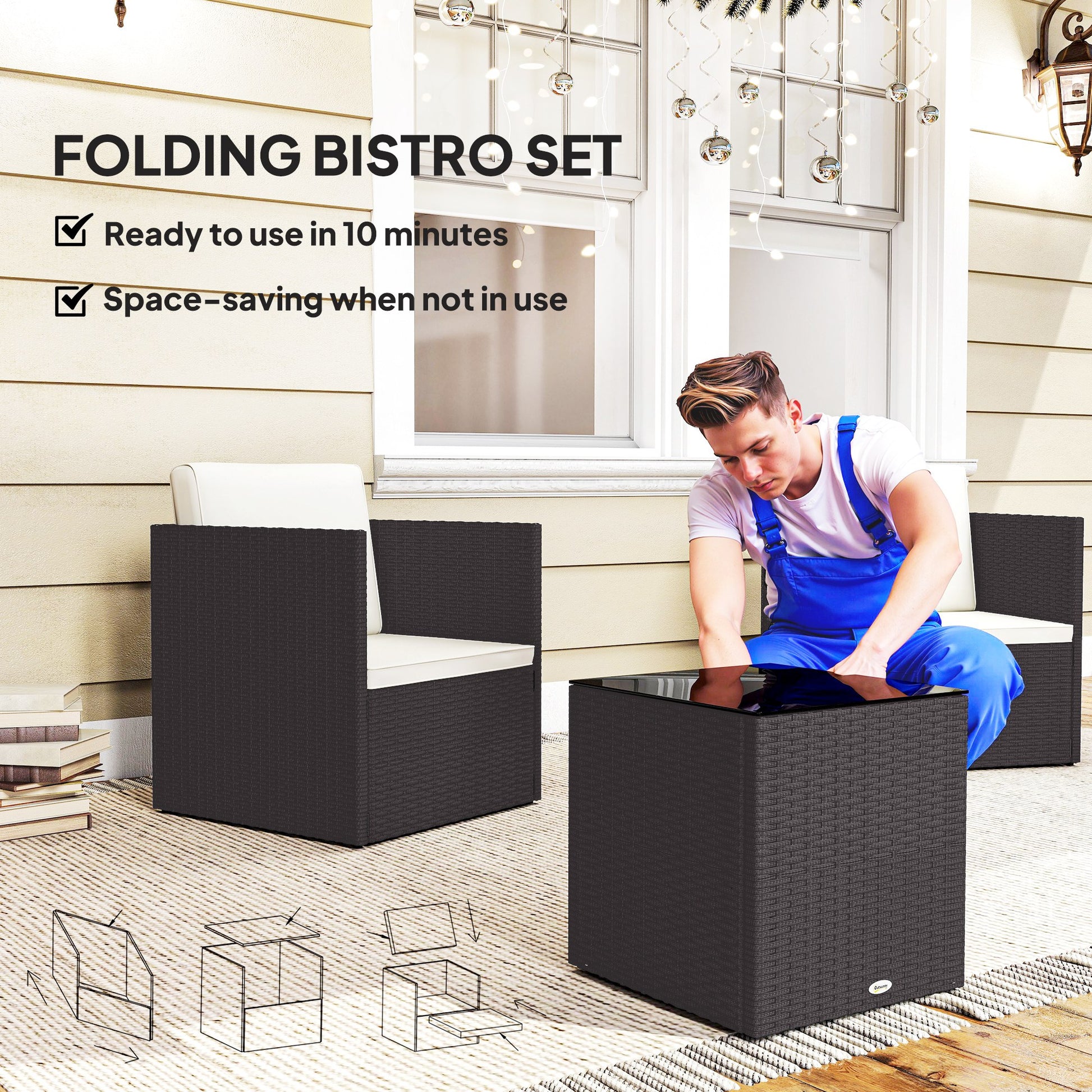 Folding Rattan Bistro Set - 3 Piece Patio Furniture