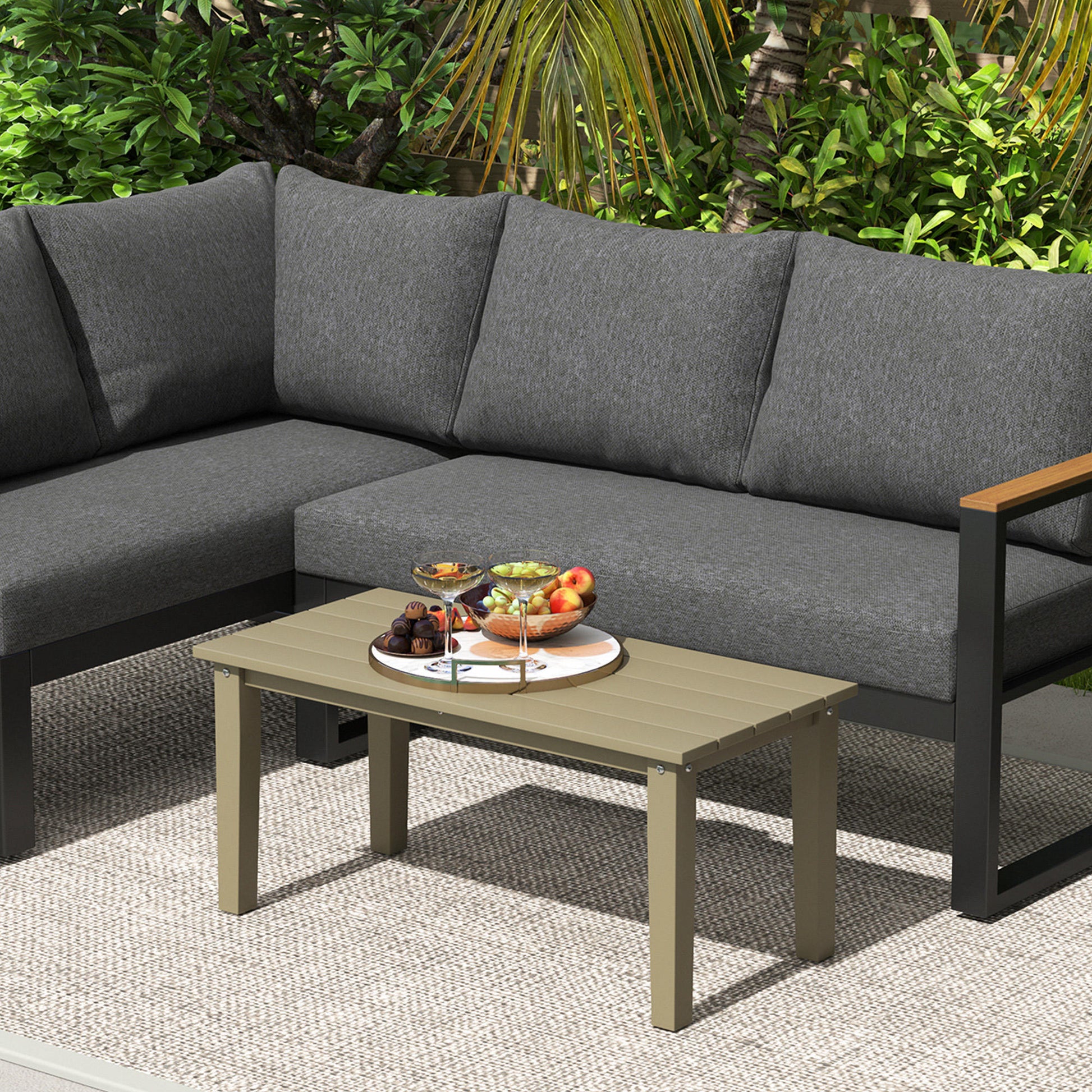 Brown Slatted Outdoor Patio Coffee Table for Poolside Entertaining