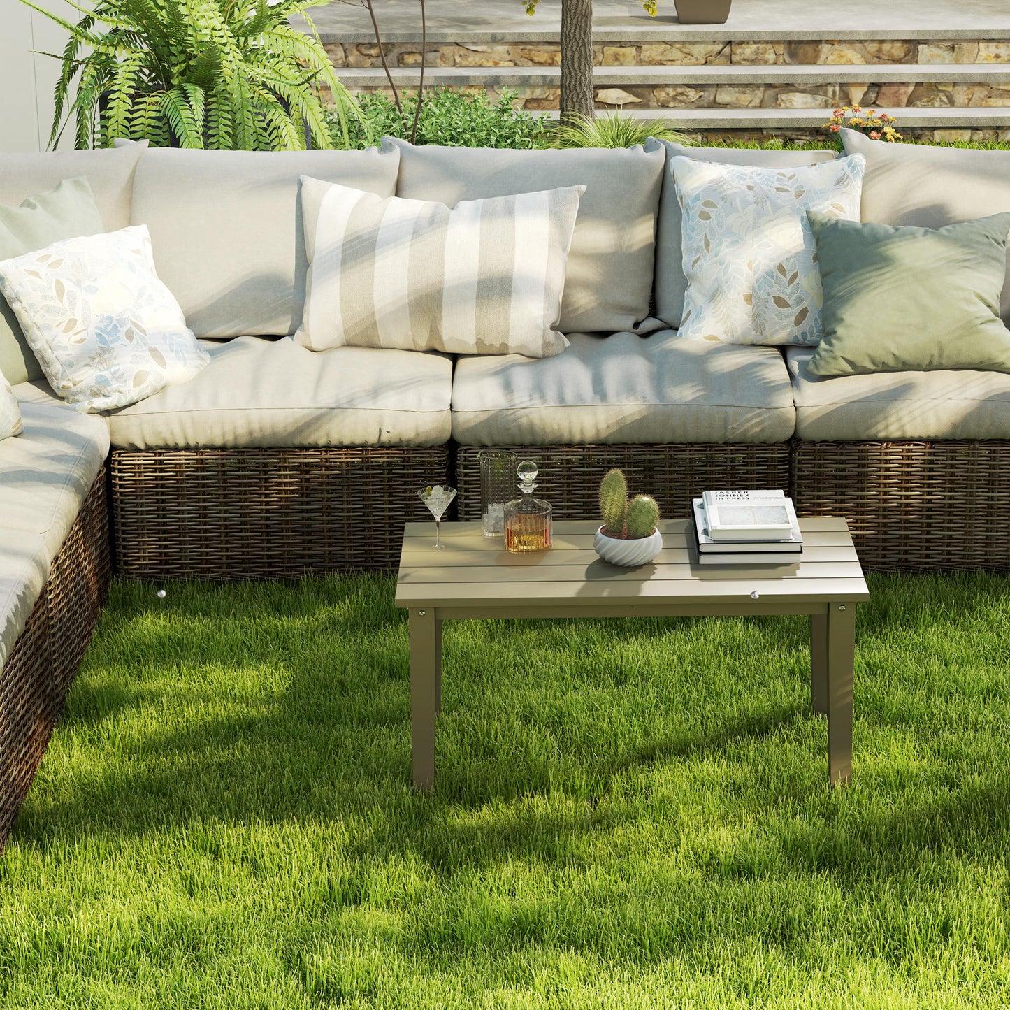 Brown Slatted Outdoor Patio Coffee Table for Poolside Entertaining