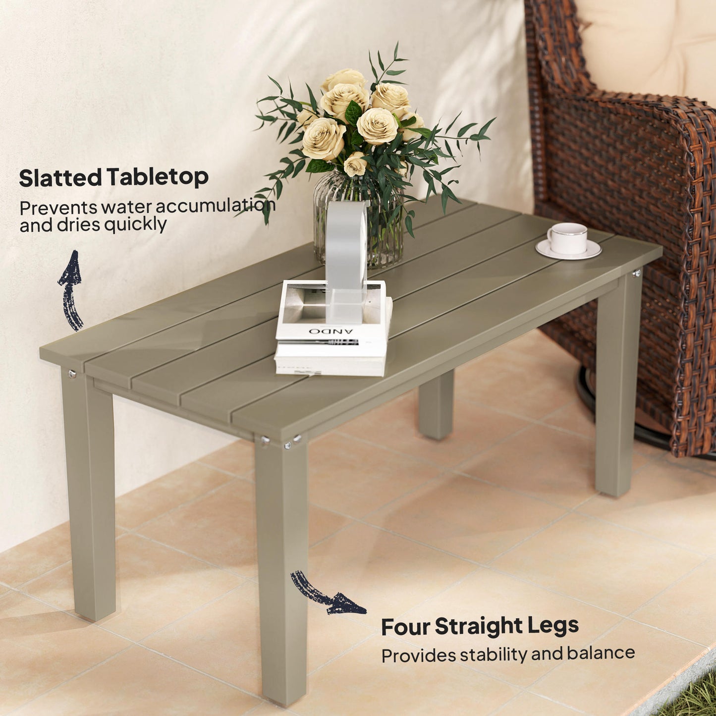 Brown Slatted Outdoor Patio Coffee Table for Poolside Entertaining