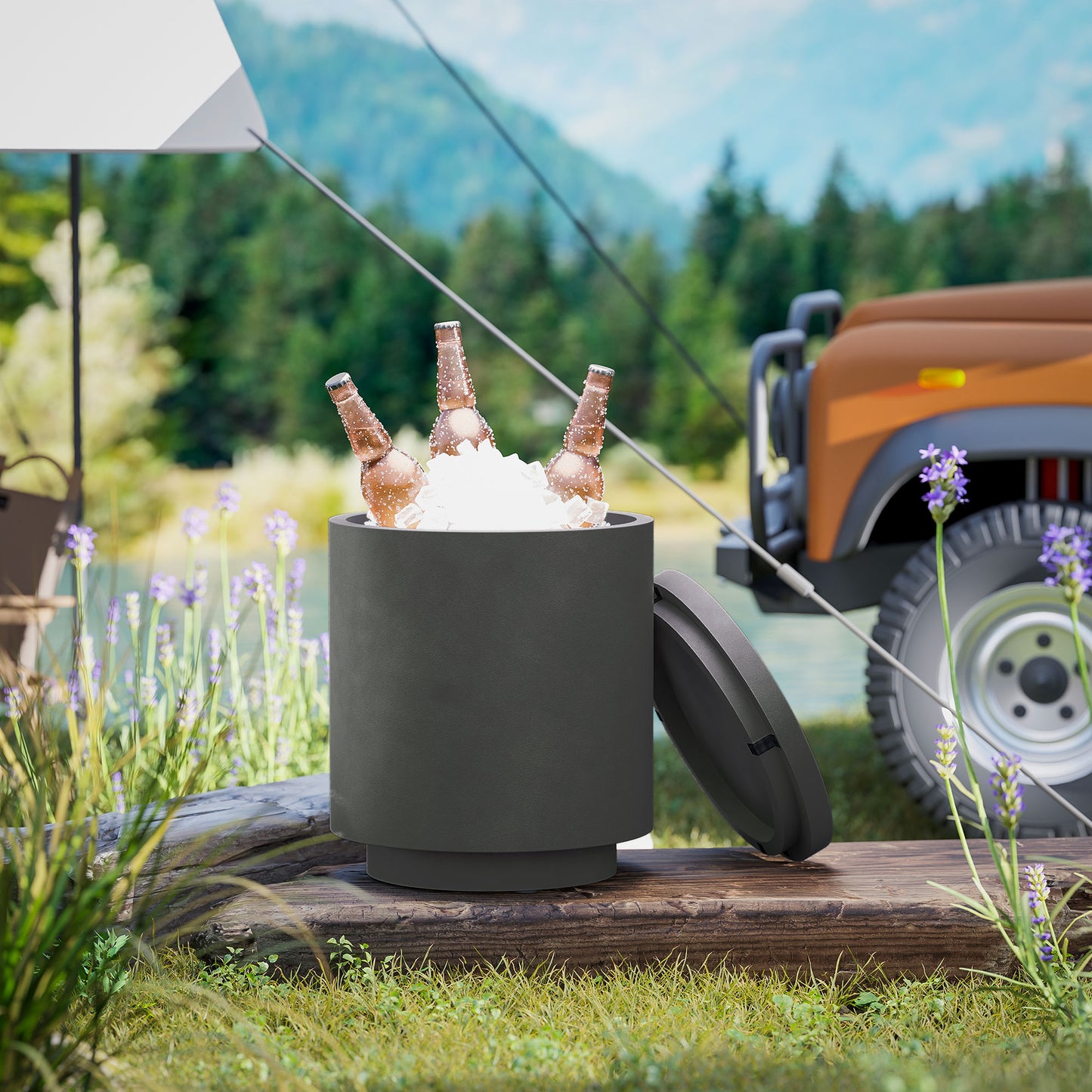 Concrete Outdoor Cooler Table - 2.6 Gal Storage Side Table