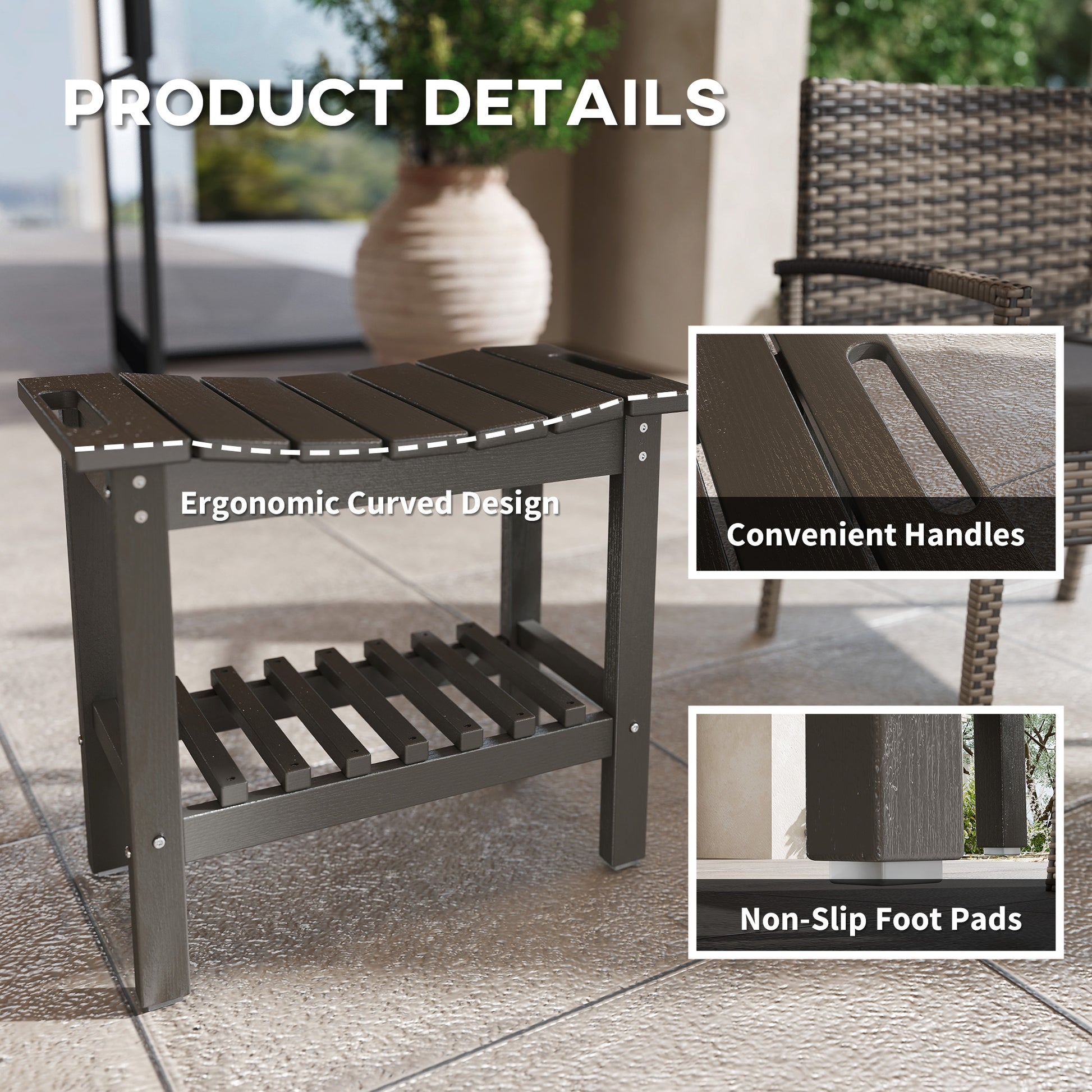 Grey HDPE Shower Bench with Storage Shelf - Outdoor & Indoor Use