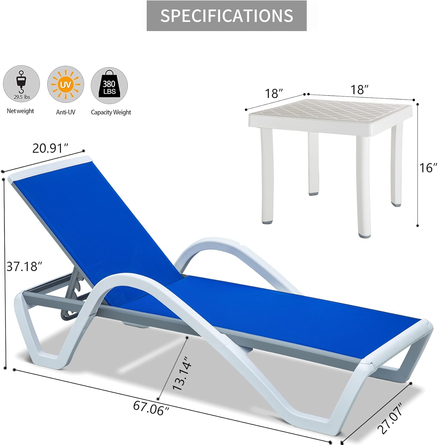 Blue Aluminum Patio Chaise Lounge - Adjustable Weather Pool Chair