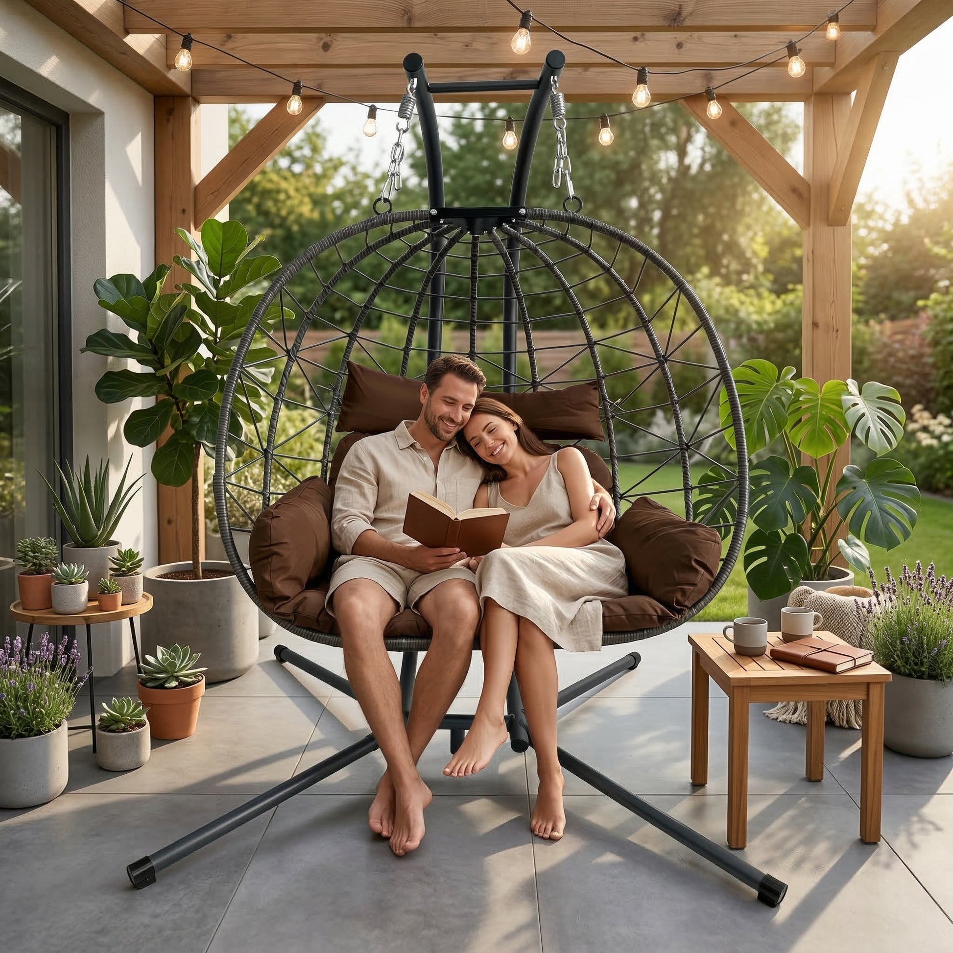 Large Brown Patio Swing Chair - Double Egg Chair with Stand