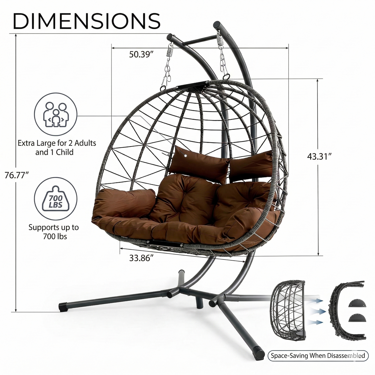 Large Brown Patio Swing Chair - Double Egg Chair with Stand