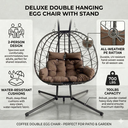 Large Brown Patio Swing Chair - Double Egg Chair with Stand