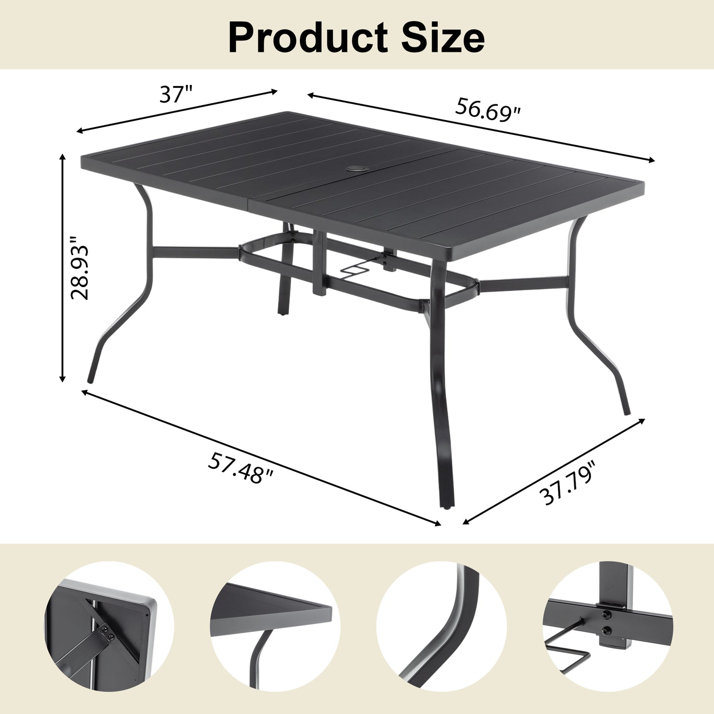 Outdoor Dining Table for 6 - Black Metal, Powder-Coated Slat Top