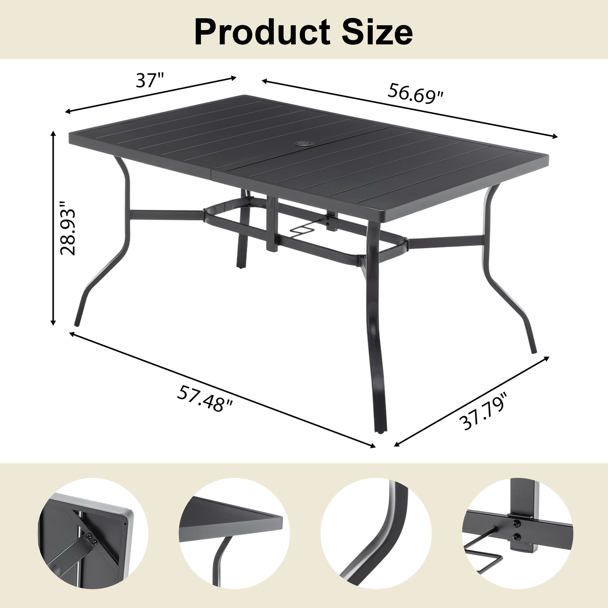 Outdoor Dining Table for 6 - Black Metal, Powder-Coated Slat Top