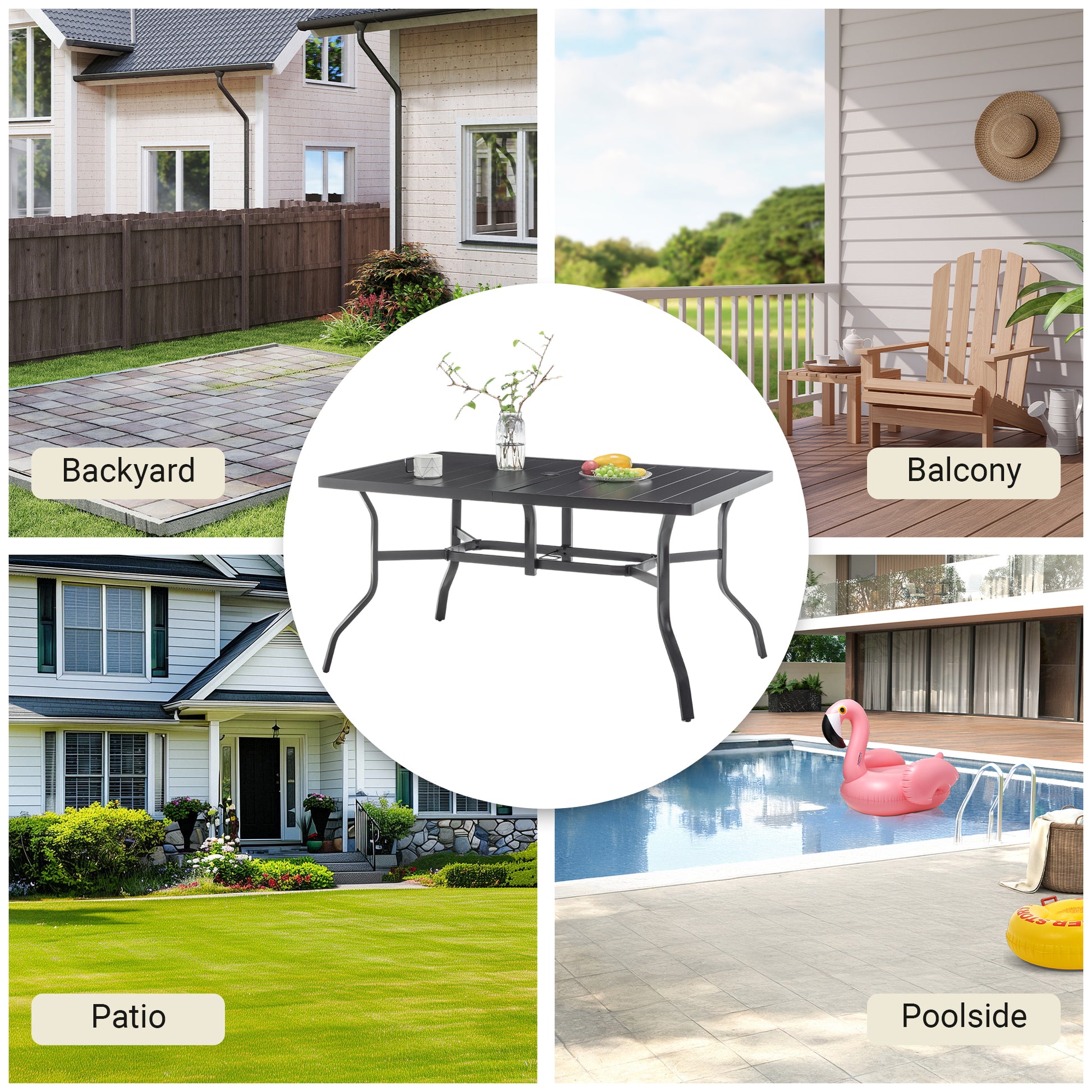 Outdoor Dining Table for 6 - Black Metal, Powder-Coated Slat Top