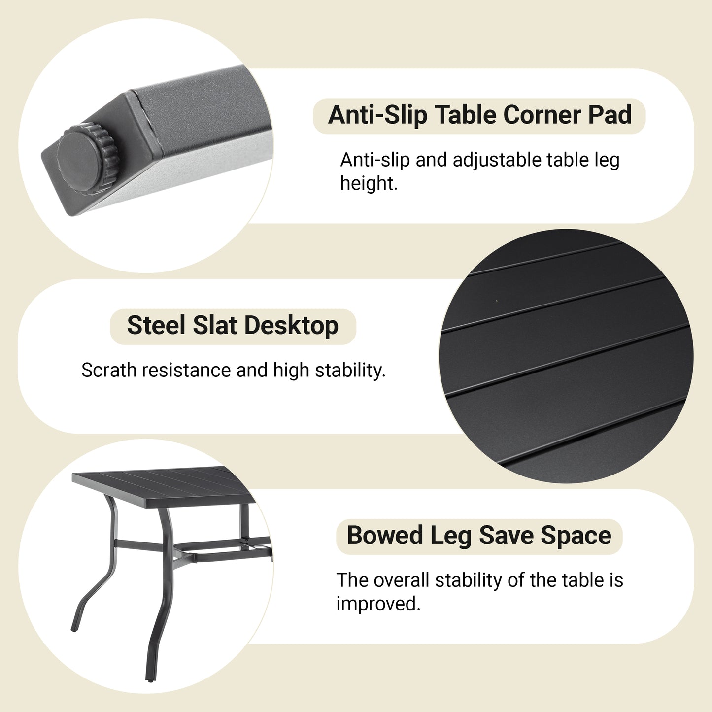 Outdoor Dining Table for 6 - Black Metal, Powder-Coated Slat Top