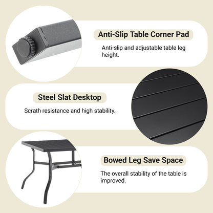 Outdoor Dining Table for 6 - Black Metal, Powder-Coated Slat Top