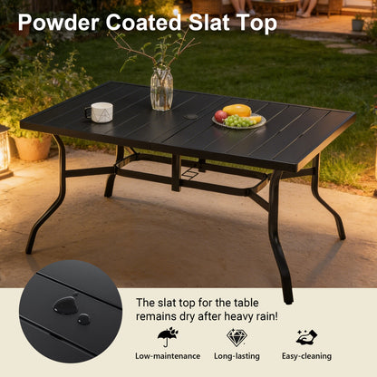 Outdoor Dining Table for 6 - Black Metal, Powder-Coated Slat Top