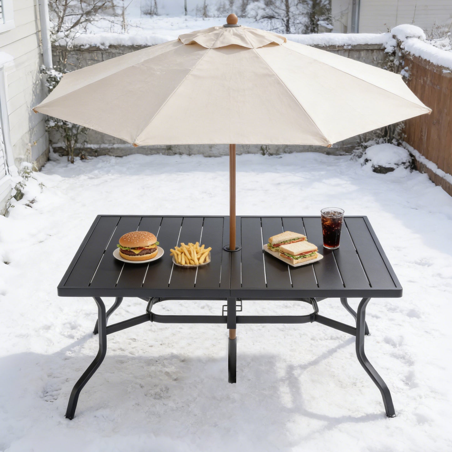 Outdoor Dining Table for 6 - Black Metal, Powder-Coated Slat Top