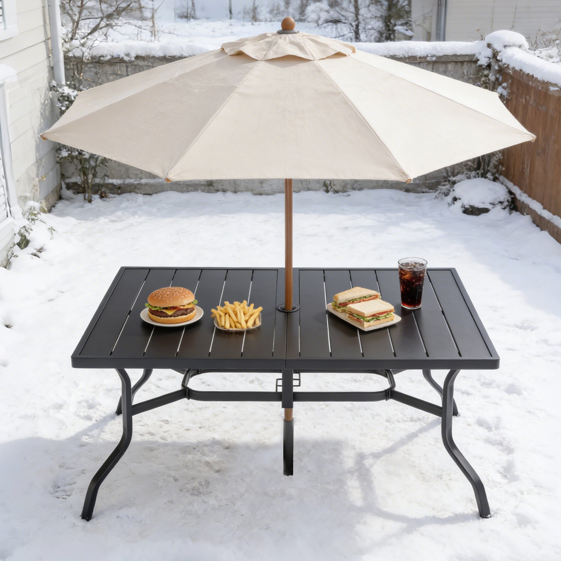 Outdoor Dining Table for 6 - Black Metal, Powder-Coated Slat Top