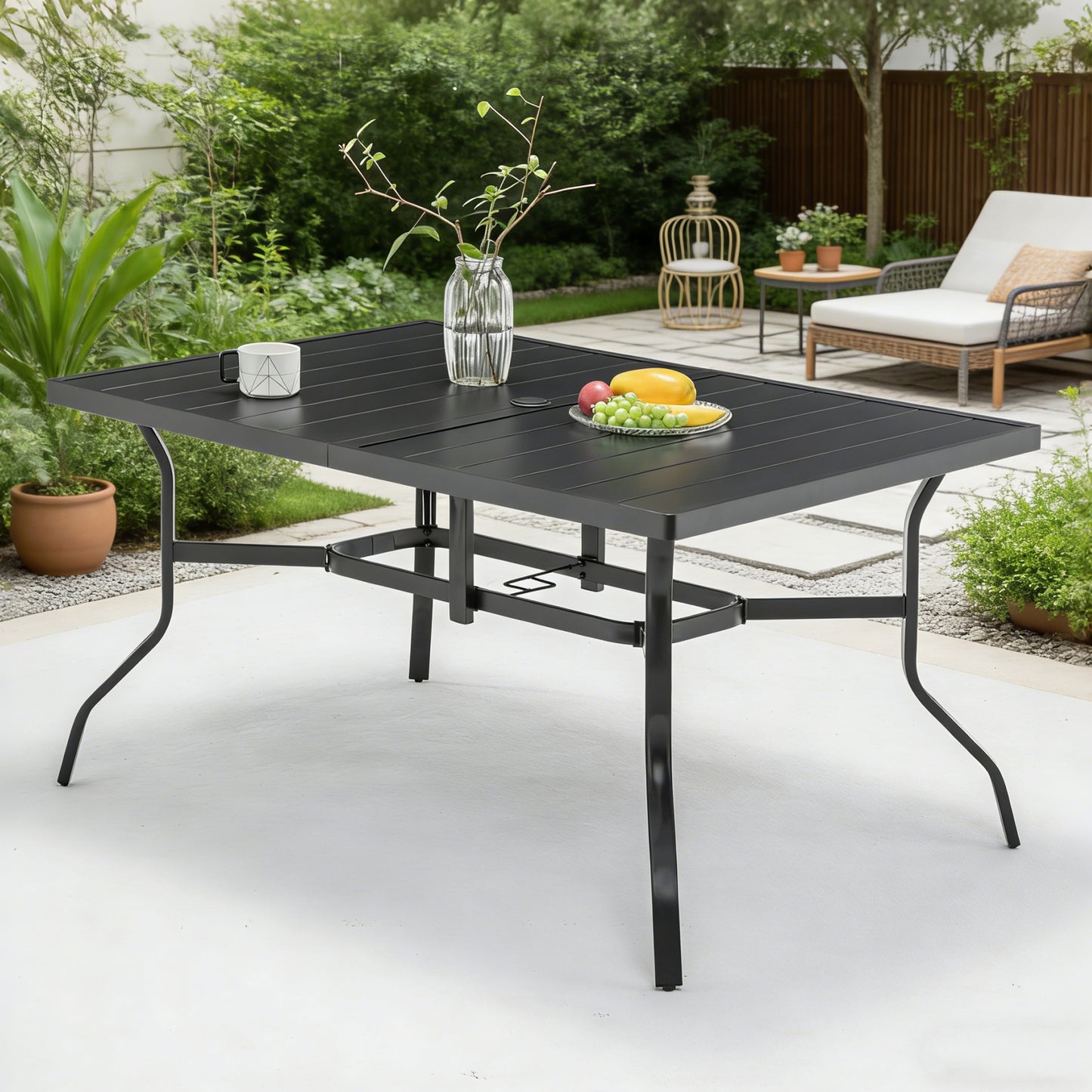 Outdoor Dining Table for 6 - Black Metal, Powder-Coated Slat Top
