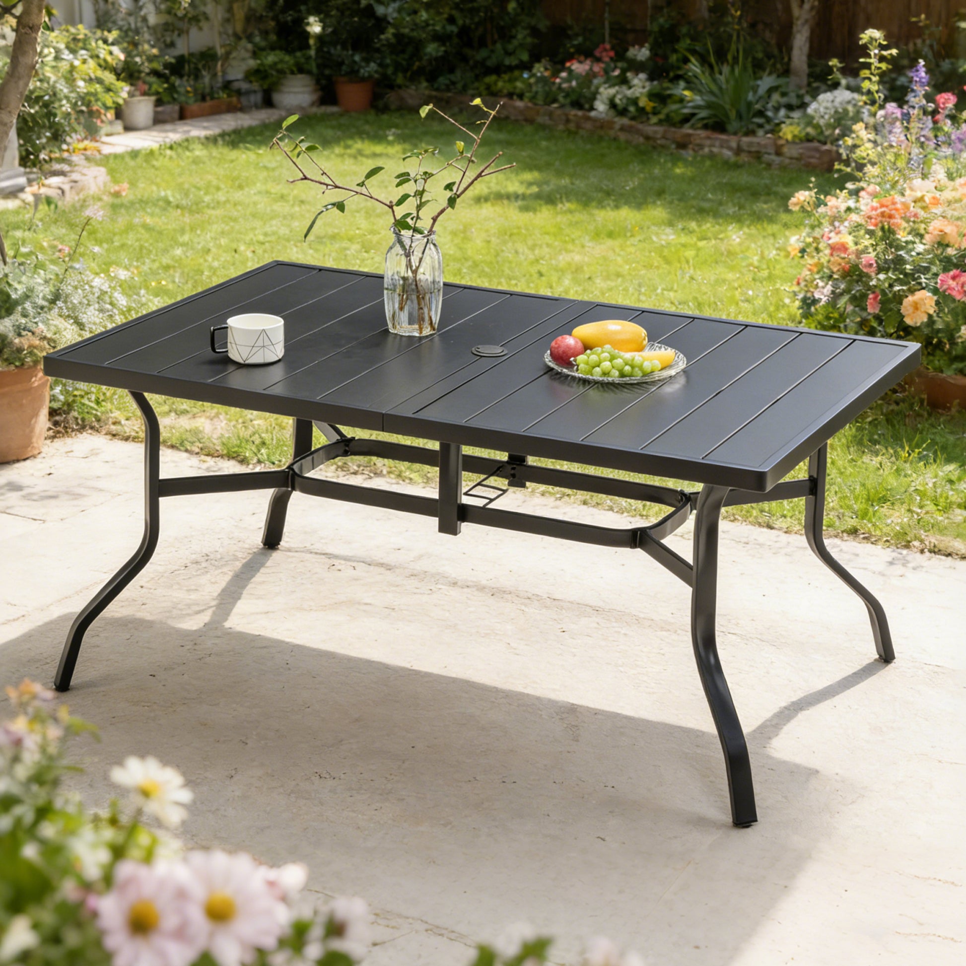 Outdoor Dining Table for 6, Powder-Coated Steel Slat Top with 2.16" Umbrella Hole, Anti-Slip Pads, E-Coating Frame, All-Weather Black Patio Table for Garden, Poolside, Backyard