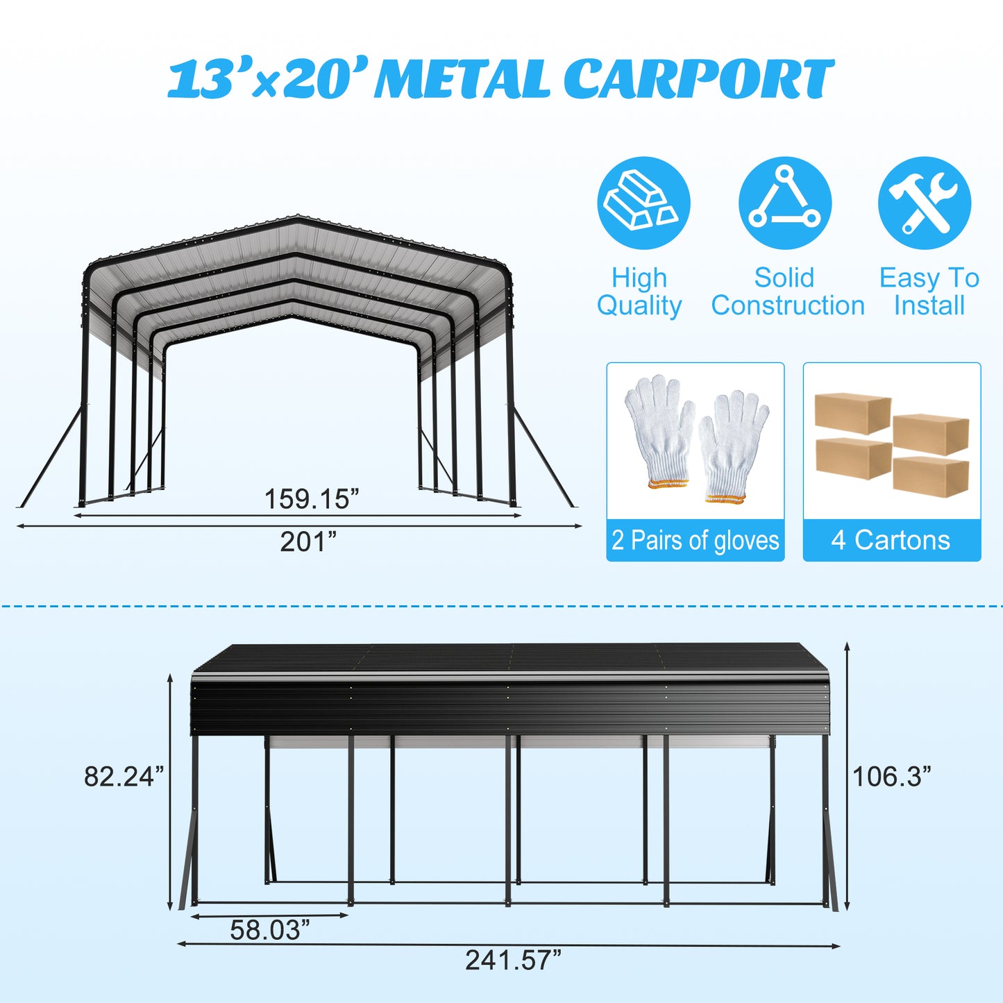 13x20 Metal Carport - Outdoor Garage Shelter
