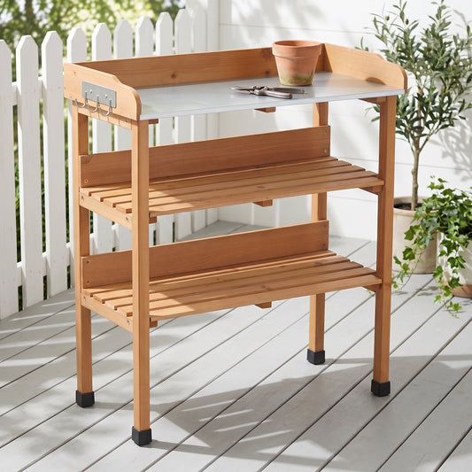 30″x14.5″×35.5″ Potting Table w/Metal Tabletop, 3 Layers Outdoor Work Bench w/Hook for Garden, Solid Wood Workstation for Garage