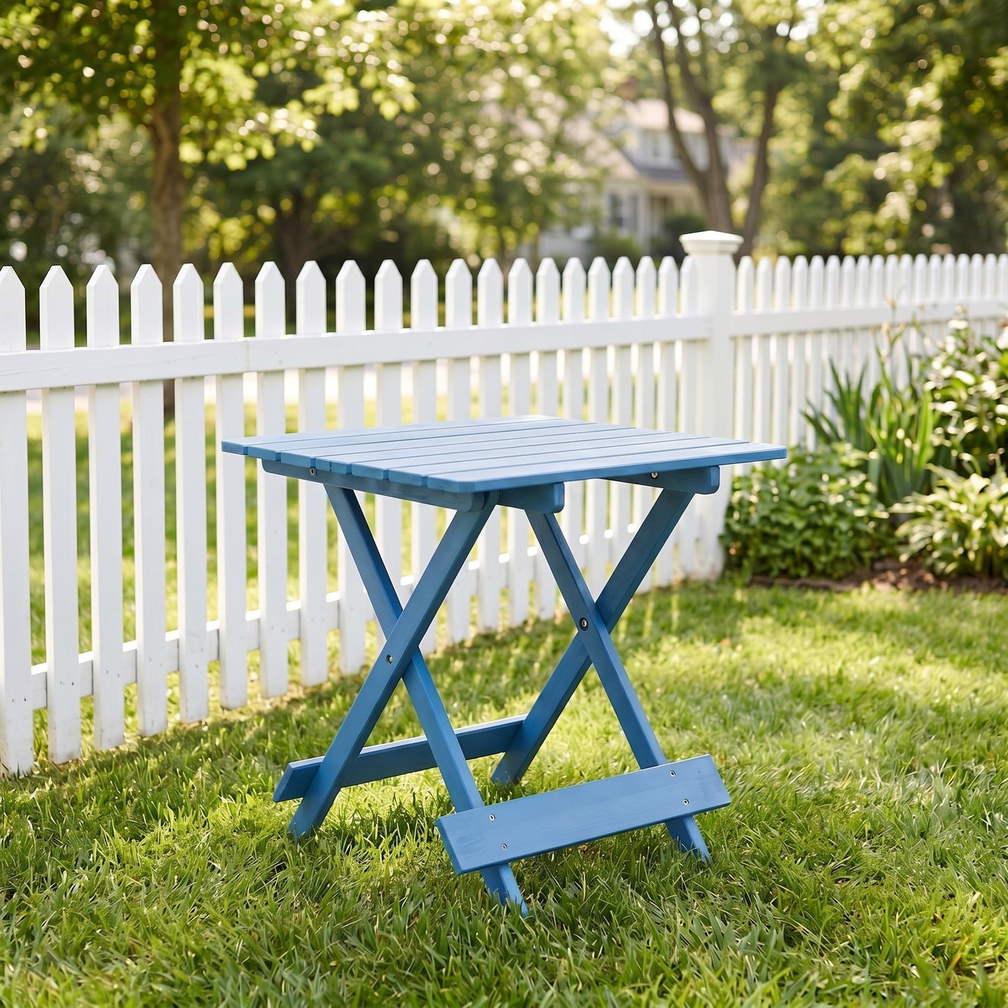 Folding Square Table Patio Outdoor solid wood Table for Backyard, Balcony, Portable Design Space-Saving Blue Color