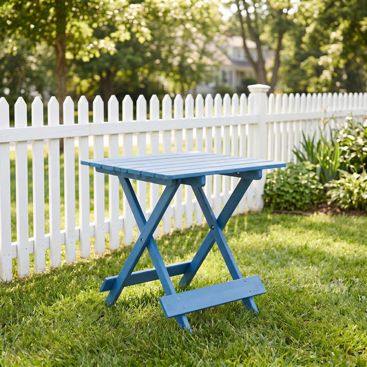Folding Square Table Patio Outdoor solid wood Table for Backyard, Balcony, Portable Design Space-Saving Blue Color