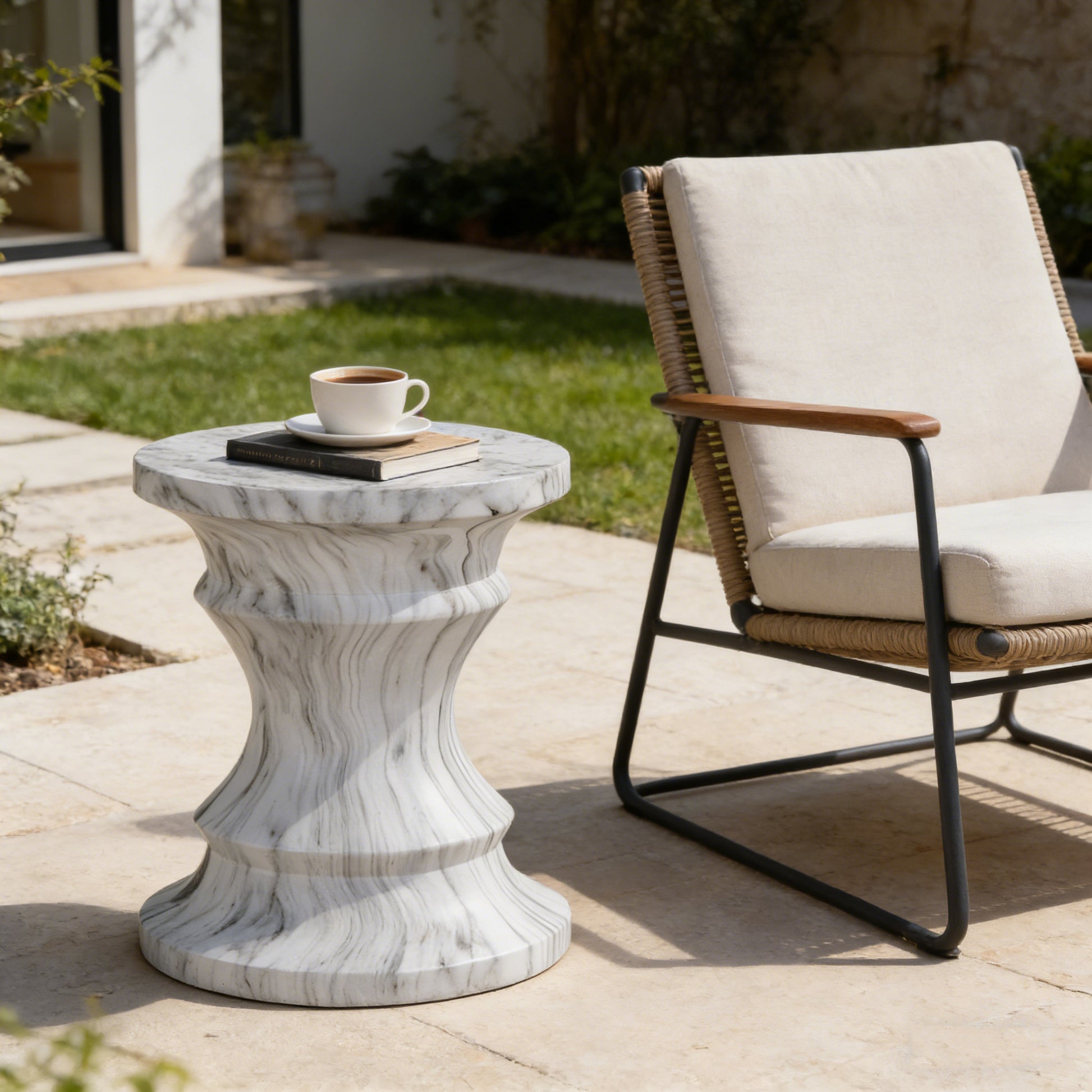 Cement Outdoor End Tables for Patio, GardenAccent Table Faux Terrazzo Accent Table, Modern Small Round Side Tablefor Outside, Tree Stump Garden Stool DrumTable indoor and Outdoor