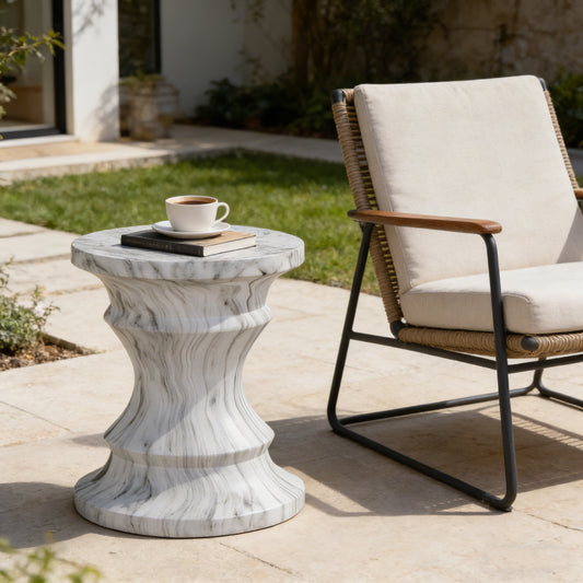 Cement Outdoor End Tables for Patio, GardenAccent Table Faux Terrazzo Accent Table, Modern Small Round Side Tablefor Outside, Tree Stump Garden Stool DrumTable indoor and Outdoor
